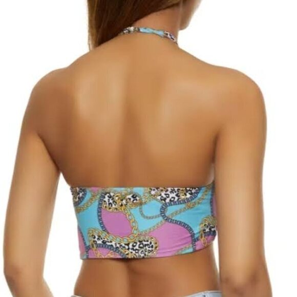 Leopard Chain Print Criss Cross Halter Top - Picture 2 of 7